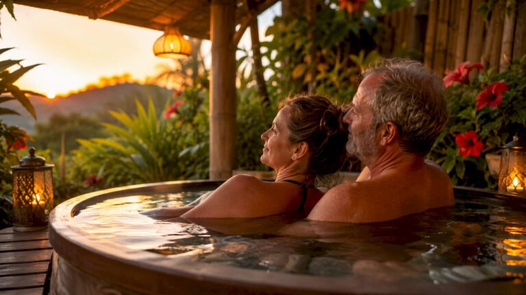 Couple relaxing in luxury backyard spa tub