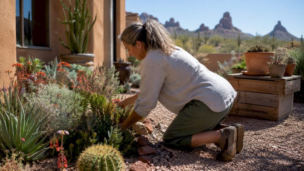 Homeowner inspecting drought tolerant garden outdoors
