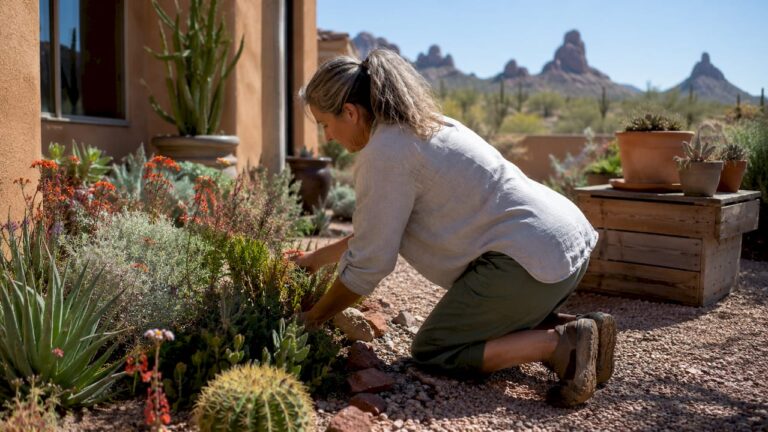 Homeowner inspecting drought tolerant garden outdoors