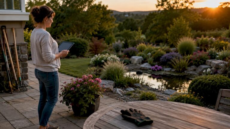 Homeowner inspecting professional landscaping outdoors