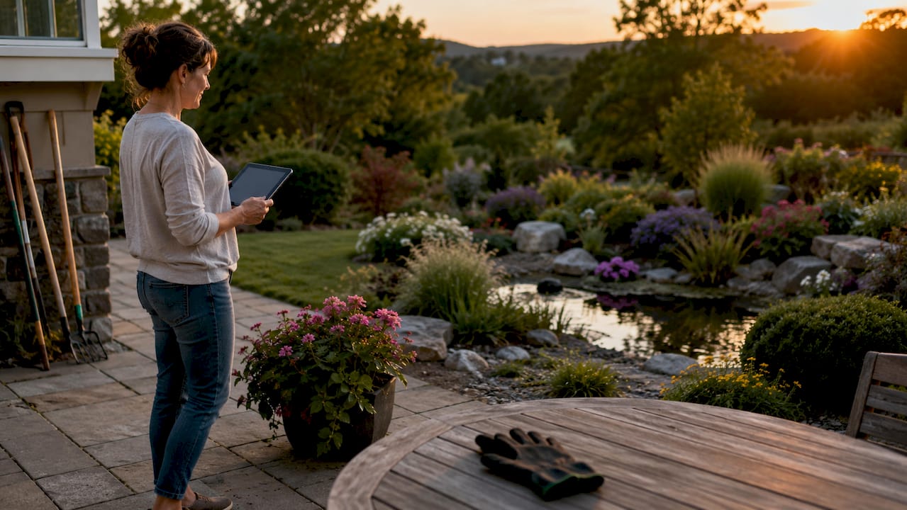 Homeowner inspecting professional landscaping outdoors