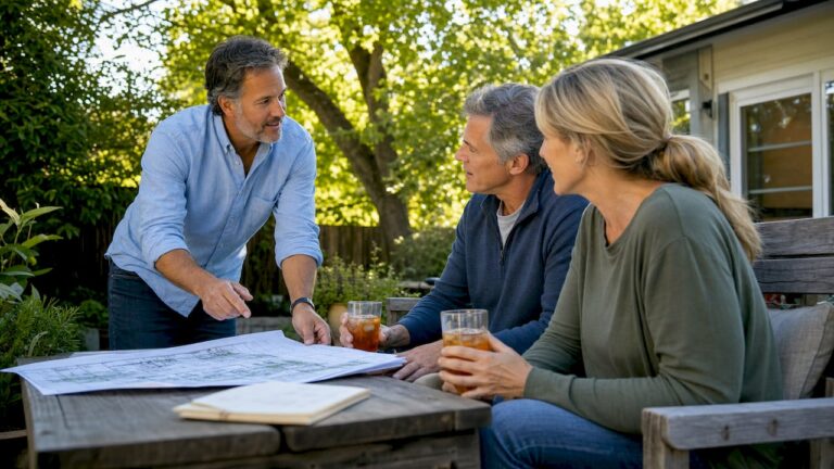 Contractor consulting homeowners about outdoor project