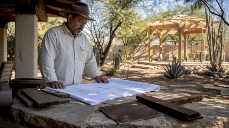 Homeowner inspecting outdoor construction in Arizona backyard