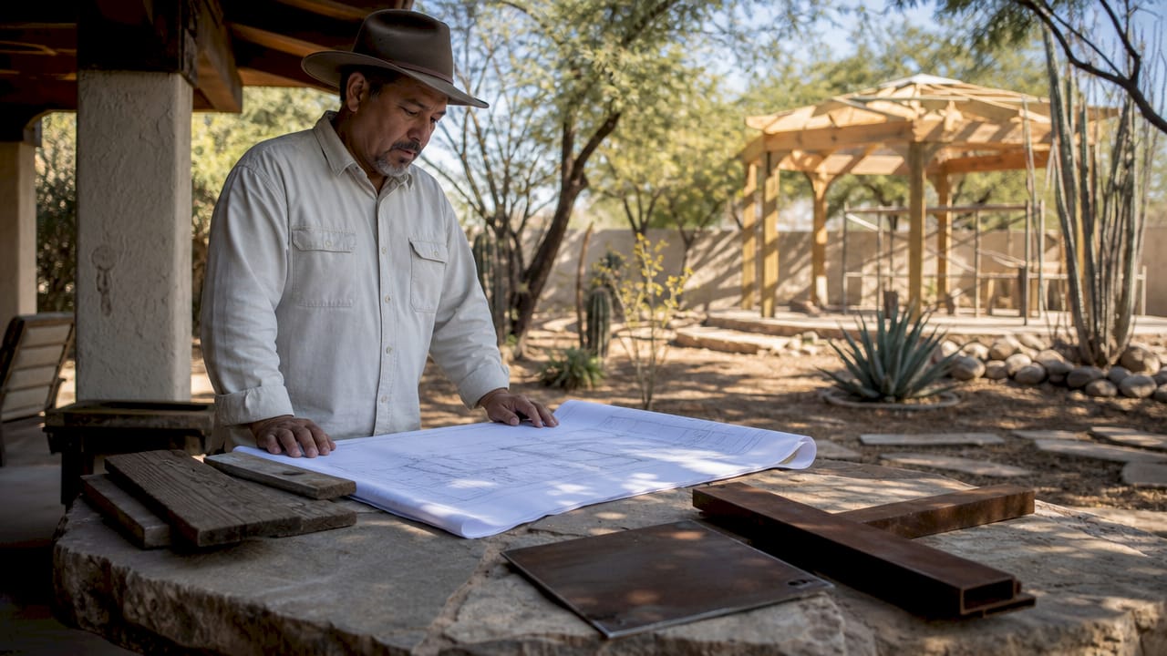 Homeowner inspecting outdoor construction in Arizona backyard