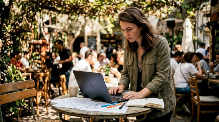 Woman working on 3D outdoor design laptop