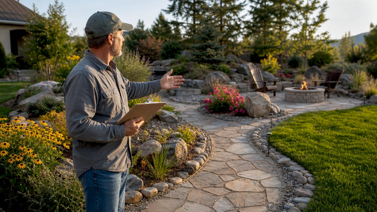 Man inspecting landscaped backyard garden