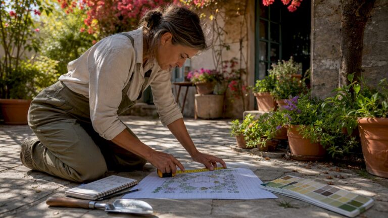 Homeowner drawing landscape base plan outdoors