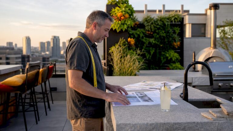 Homeowner reviewing modern patio hardscape plans at outdoor table