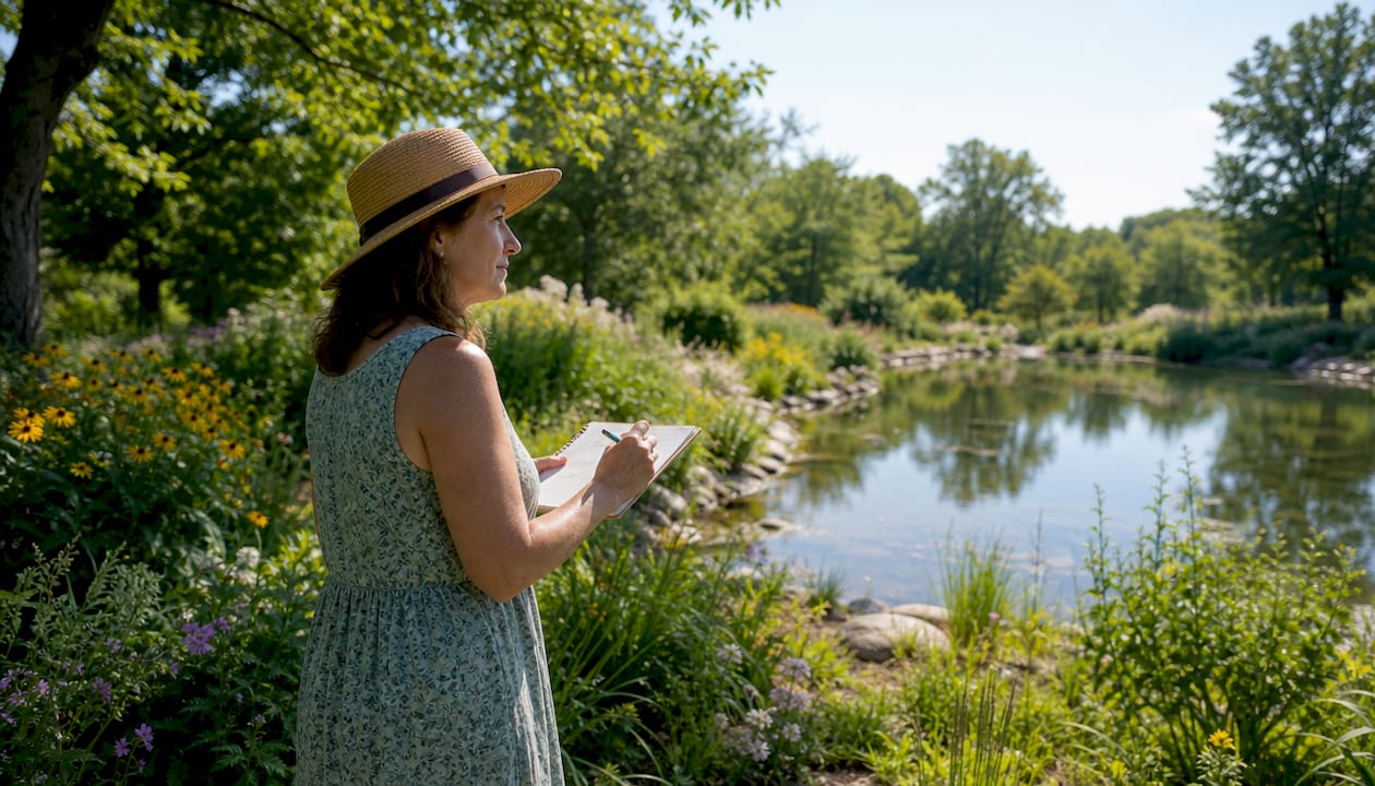 Landscape designer reviewing garden water feature