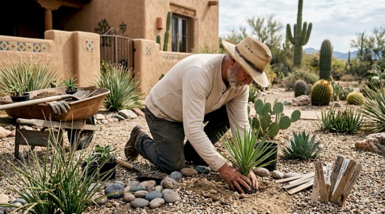 Man planting drought-tolerant plants in dry yard