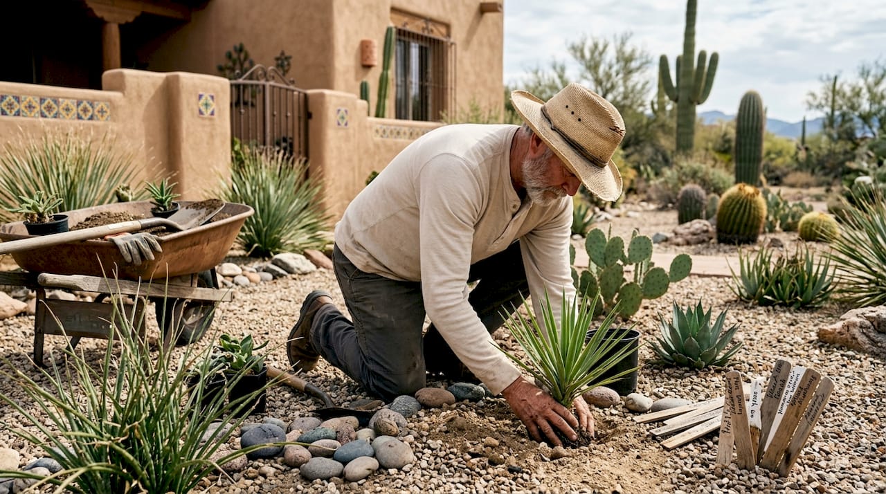 Man planting drought-tolerant plants in dry yard