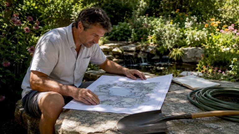 Homeowner planning backyard water feature installation