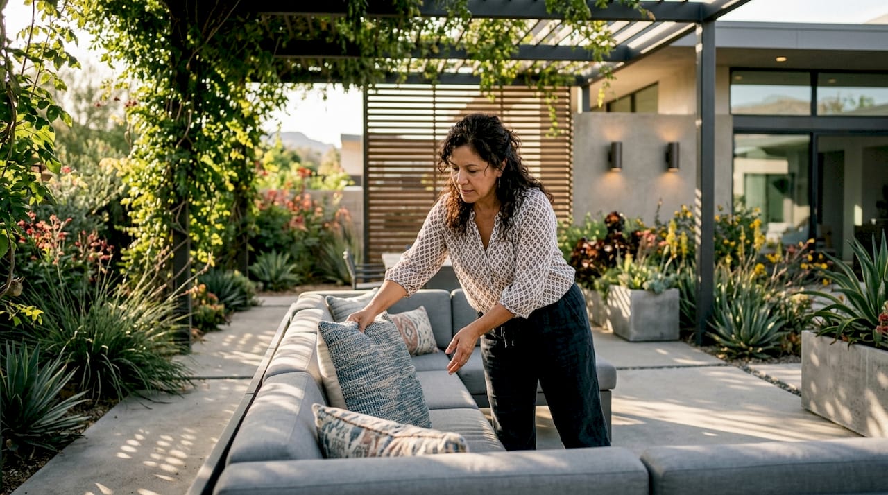 Woman arranging cushions on shaded Phoenix patio sofa