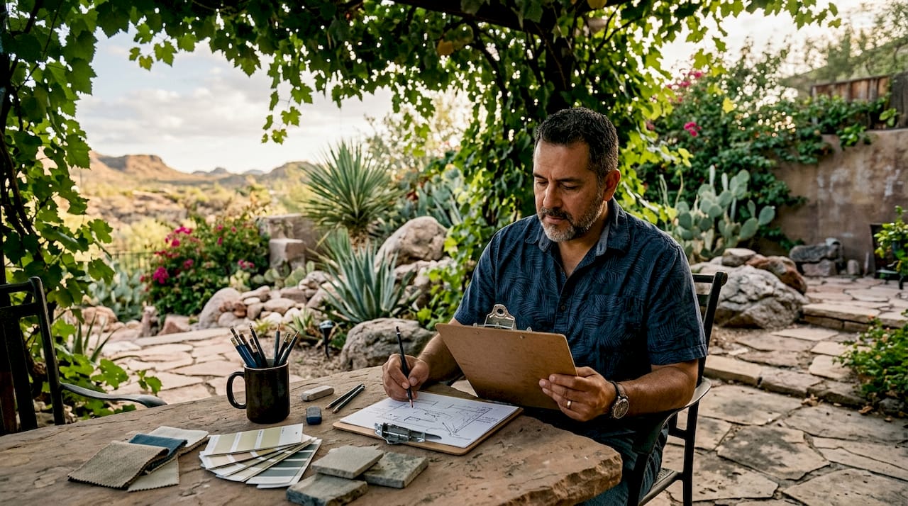 Designer sketching Arizona outdoor patio plans