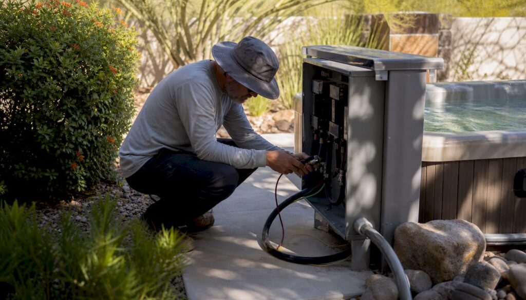 Electrician wiring spa subpanel in Arizona backyard