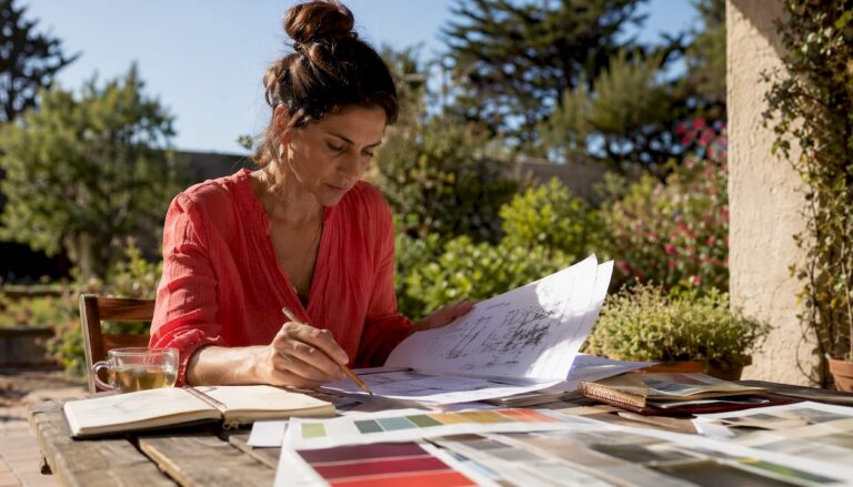 Outdoor lighting designer reviewing blueprints