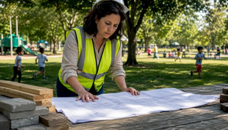 Architect reviewing outdoor construction blueprints