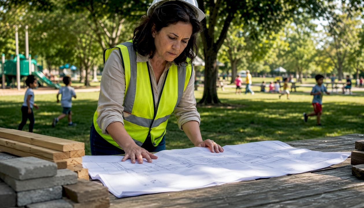 Architect reviewing outdoor construction blueprints