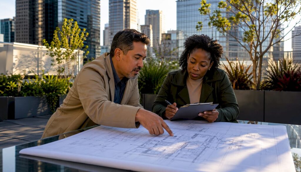 Contractors discussing outdoor project plans