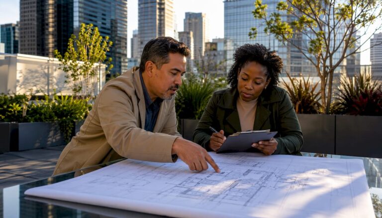 Contractors discussing outdoor project plans