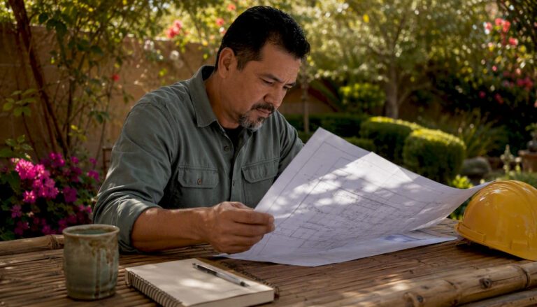 Man reviewing home design blueprints in Phoenix office