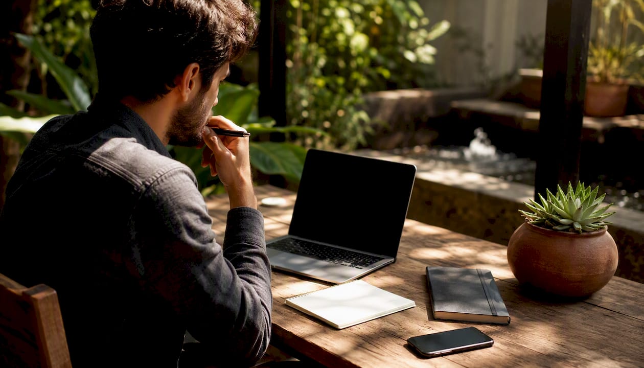 Entrepreneur workspace with notebook and phone