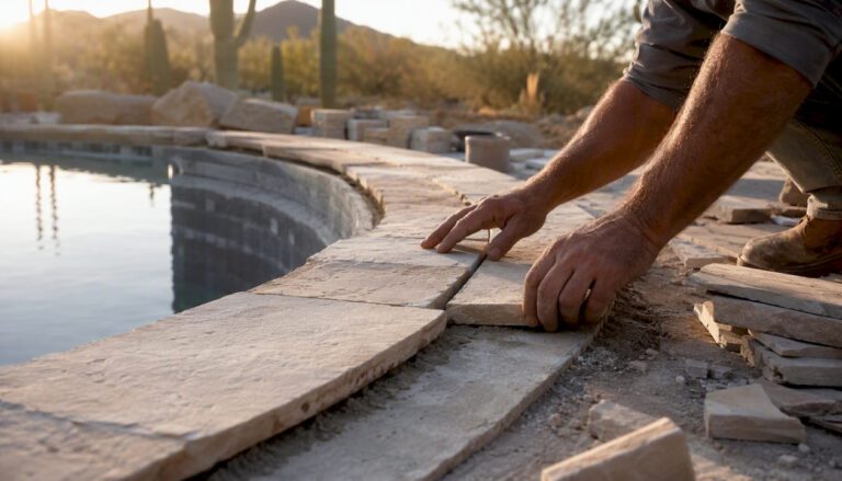 Craftsman setting stone tile by Scottsdale pool