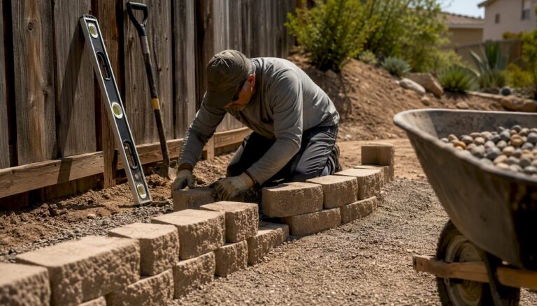 Craftsman building backyard retaining wall