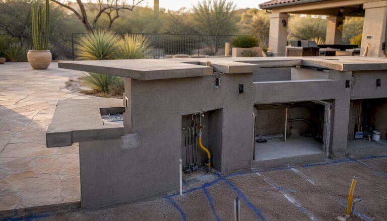 Partially constructed outdoor kitchen layout in desert backyard