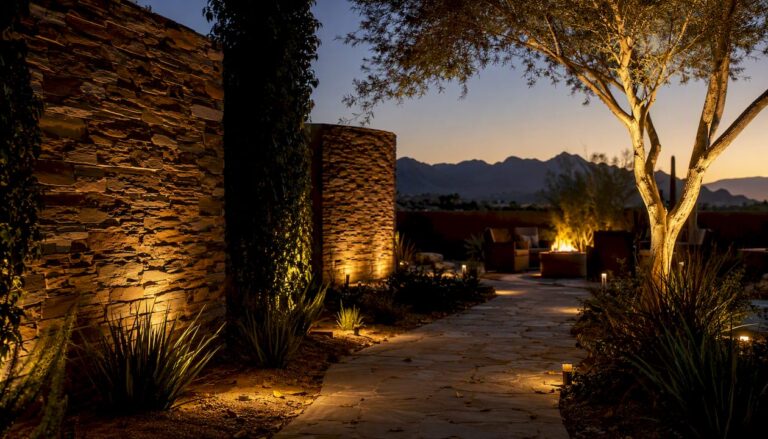 Layered landscape lighting in Arizona backyard at dusk
