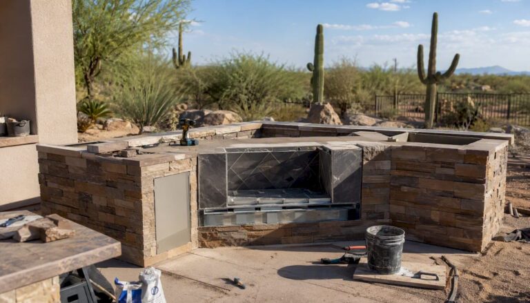Outdoor kitchen grill cutout under construction