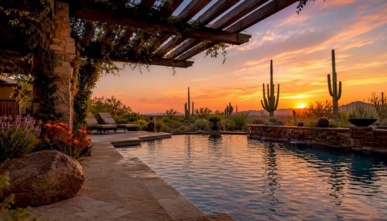 Shaded luxury backyard pool with shade sail