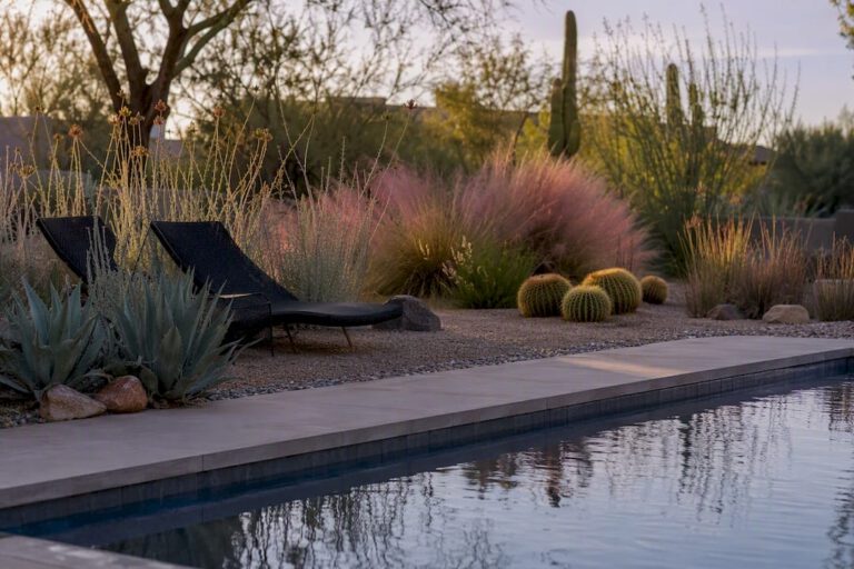 Desert poolscape featuring drought-tolerant plants