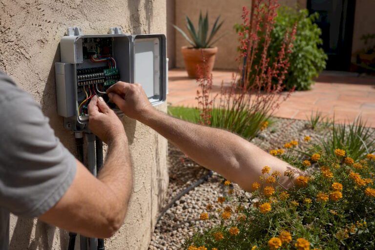 Hands wiring smart irrigation controller