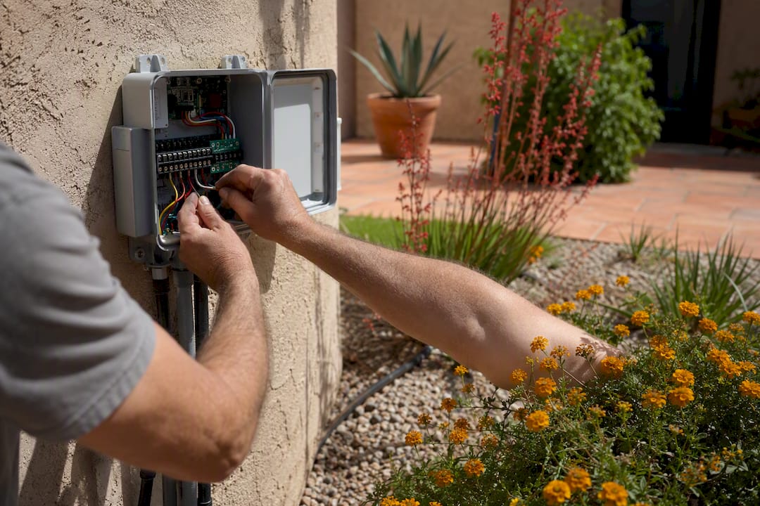 Hands wiring smart irrigation controller