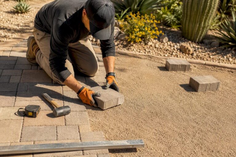 Hands laying paver stones in Phoenix backyard