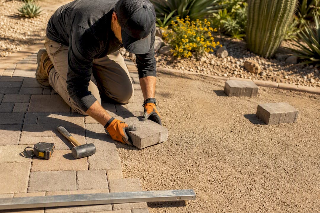 Hands laying paver stones in Phoenix backyard
