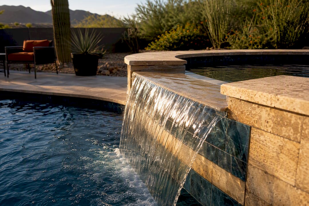 Raised spa spillway flowing into Phoenix pool